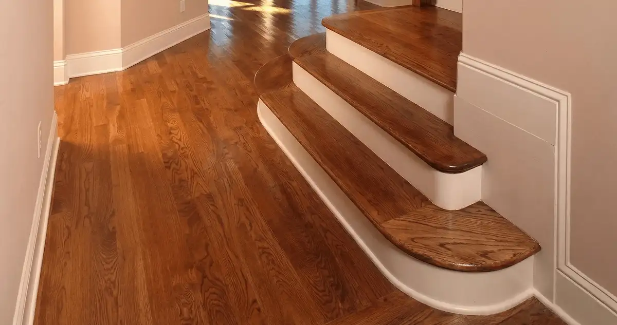 Base floor of a staircase with professionally restored wood flooring in Tallahassee FL